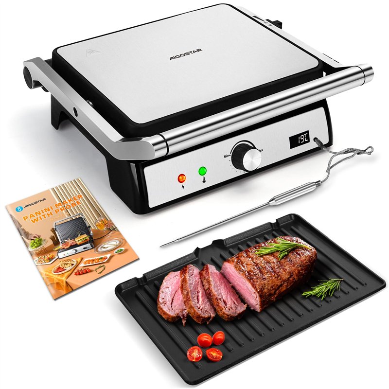 Aigostar Grill Panini, Grille-pain à Sandwich Avec Sonde Alimentaire, Plaques Antiadhésives Amovibles, Grill électrique, 2000W, 