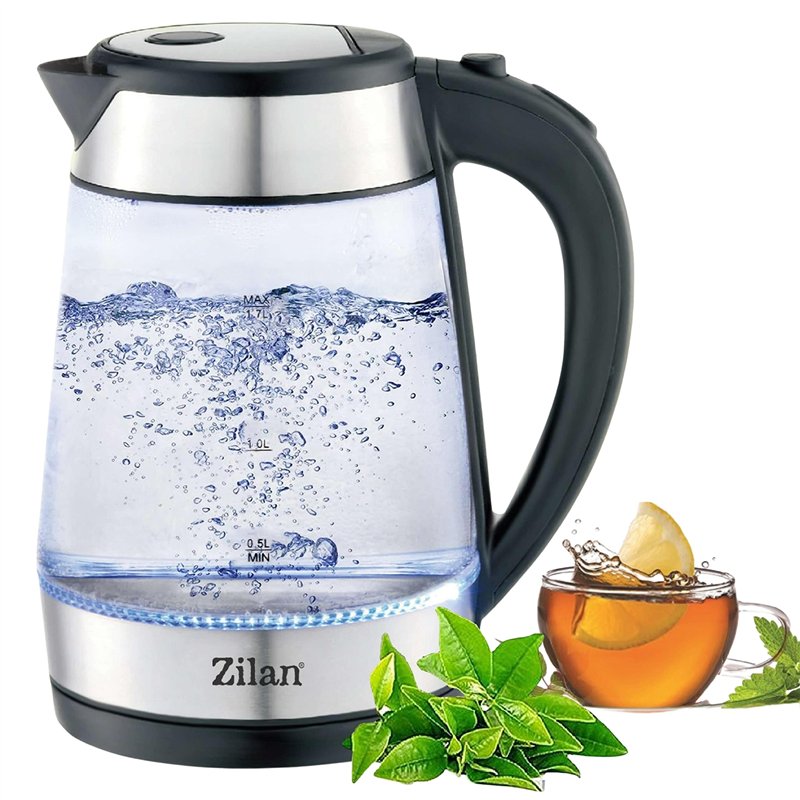 Zilan, Bouilloire en verre et acier inoxydable - 2200 W - 1,7 l - Éclairage LED bleu - 360 ° - Filtre anti-calcaire - Sans BPA -