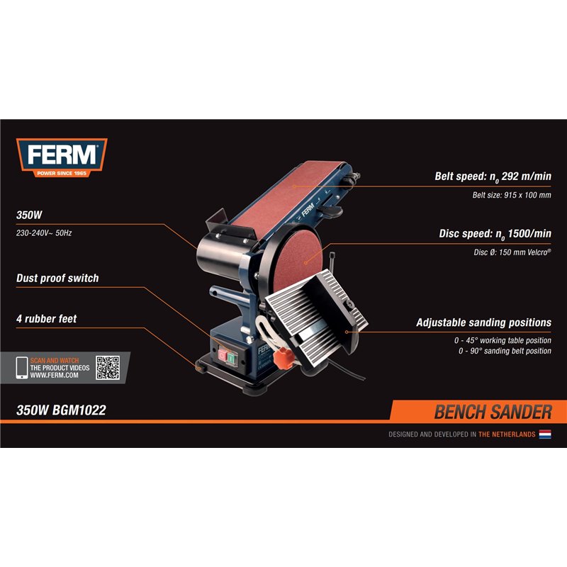 Image secondaire de FERM Ponceuse Stationnaire - 350W - 150mm - avec 2 Bandes abrasives (P80 et P120) et 2 disques abrasifs (P80 et P120)