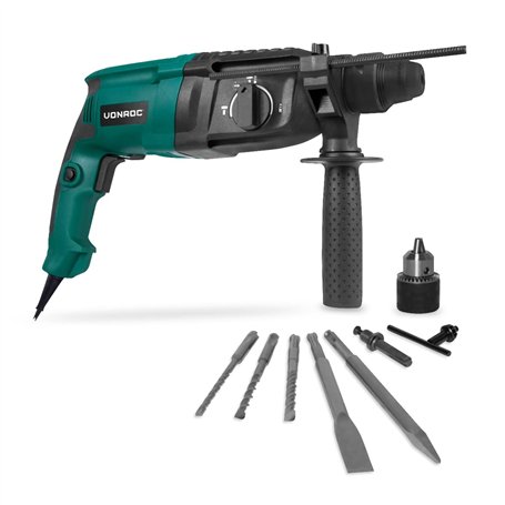 VONROC Marteau perforateur 800W – 3 joule – SDS plus - Mandrin de perceuse à engrenages - Forets