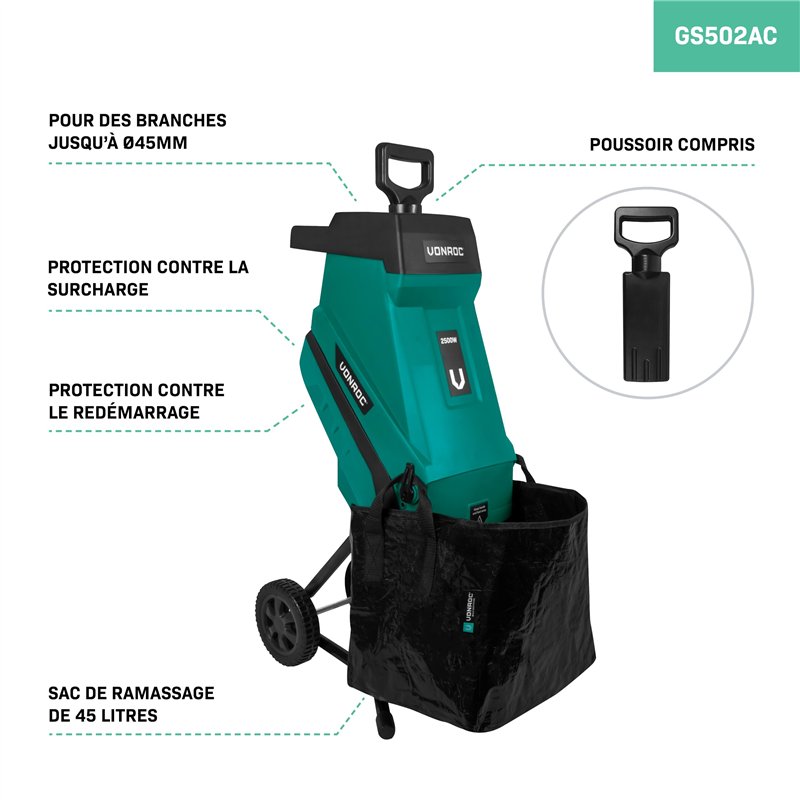 Image secondaire de VONROC Broyeur de végétaux 2500W – Pour branches jusqu’à Ø45mm - Bac de ramassage de 45L et poussoir inclus - Fonction de sécuri