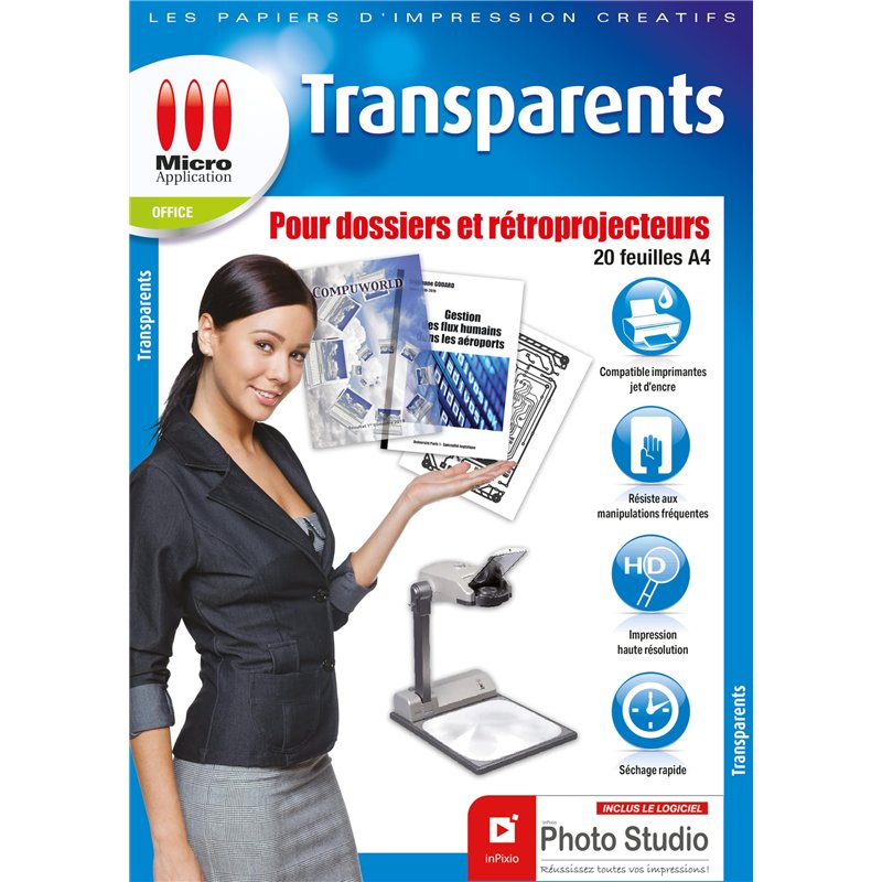 Feuille Transparente Imprimable pour Rétroprojecteur - 20 Films Polyester Transparents A4 - Micro Application