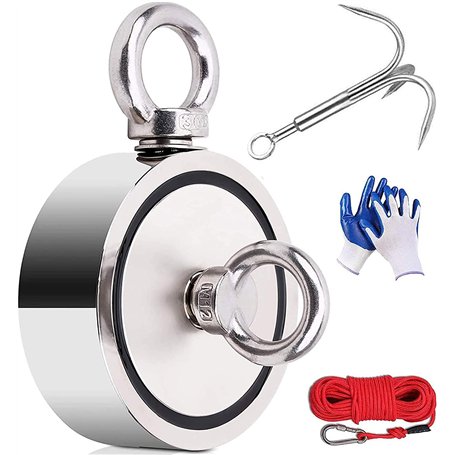 Kit de pêche magnétique 770 kg - Double face - Avec corde de 20 m - Ancrage de recherche - Gants - Diamètre : 94 mm - Pour la pê