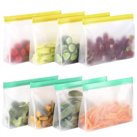 Lot de 8 sacs en silicone réutilisables avec fermeture éclair et support pour aliments