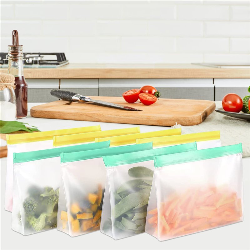 Image secondaire de Lot de 8 sacs en silicone réutilisables avec fermeture éclair et support pour aliments, congélation, sandwich, sacs de rangement