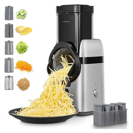 FOHERE Râpe a Légumes Électrique, 5 en 1 Elektrische Reibe,80W trancheuse à légumes avec plusieurs lames interchangeables et boî