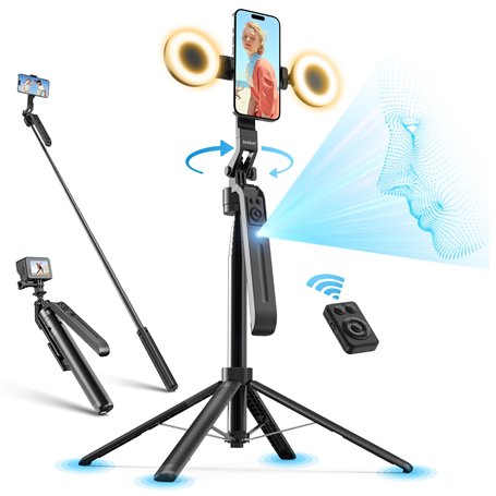 Jeebel Trépied à Suivi Automatique du Visage - 180cm Perches Selfie Extensible avec Lumière LED/Commande Gestuelle/NO App/360° R
