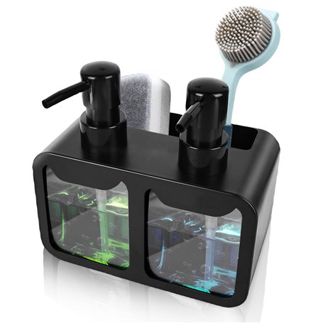 SPORWAY Distributeur de savon liquide vaisselle : 350 ml Distributeur de savon de cuisine avec porte-éponge et porte-brosse