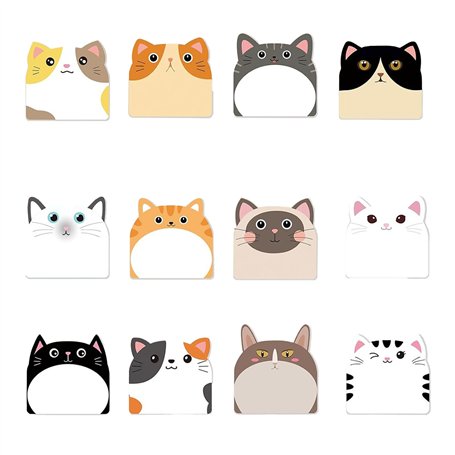 Lot de 12 notes autocollantes pour enfants - Bloc-notes mignons - Bloc-notes - Petit bloc de notes - Motif chat de dessin animé