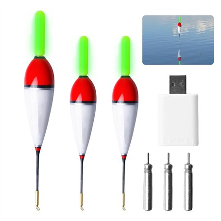 Lot de 3 flotteurs de pêche LED avec détecteur de touche - Avec détecteur de gravité et base - Accessoires de pêche pour la zone