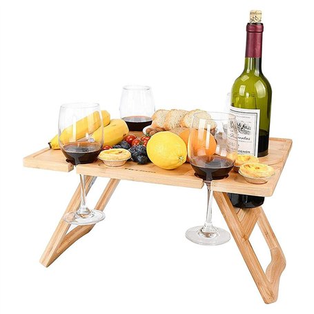 ruixin Table de pique-nique d'extérieur pliable 2 en 1 - Plateau en bambou avec 4 supports pour verres à vin et 1 support pour b