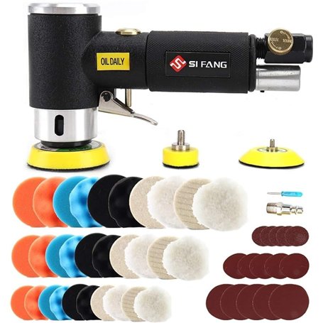 SI FANG Mini polisseuse excentrique à air comprimé 25/50/75 mm avec 60 feuilles de papier abrasif Mix Grit pour polissage de voi