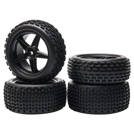 Pxyelec Jantes et pneus avant et arrière 1/10 Off Road RC Buggy x4 Noir 5 rayons pour HSP