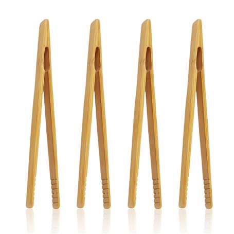 Lot de 4 pinces en bambou longues et droites - Ustensiles de cuisine - Pince à pain - Pince en bambou alimentaire - Ustensiles d