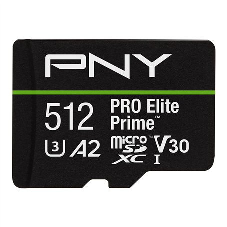 PNY Carte microSDXC 512GB Pro Elite Prime Class 10 U3 V30 A2 + Adaptateur SD - jusqu'à 200MB/s