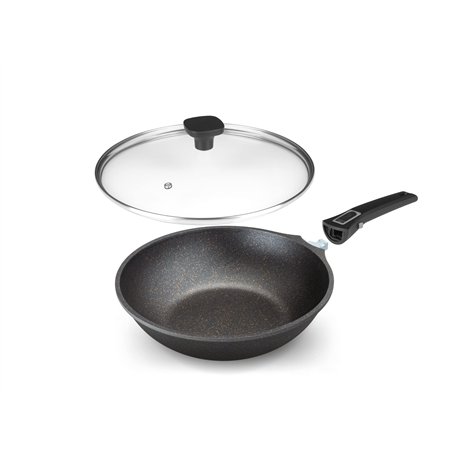 Home Icon Poêle Wok Induction en Aluminium avec Couvercle - Wok Antiadhésive avec Poignée Amovible Compatible avec Tous Les Feux