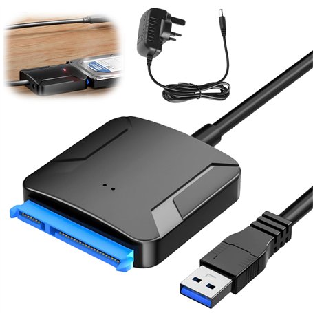Leikurvo Adaptateur USB 3.0 vers SATA - Adaptateur USB 3.0 vers SATA III avec adaptateur d'alimentation 12 V/2 A pour disque dur