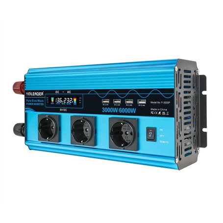 Yinleader Convertisseur 12v 220v Pur Sinus 3000W/6000W Onduleur Pur Sinus 3 européennes sockets et 4 Ports USB LCD Affichage de