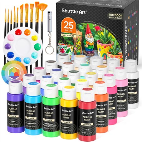 Shuttle Art Peinture Acrylique pour Extérieur 25 Couleurs (60ml) avec 10 Pinceaux 1 Palette