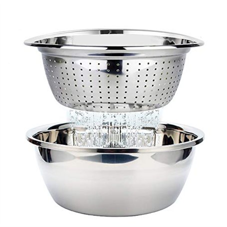 Passoire avec Bol Inox Set Bols à Mélanger Saladier Passoire Métal Préparation de Salades Fruits Pâtes Riz