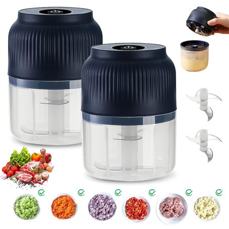 WIYETY Lot de 2 mini hachoirs électriques avec batterie de 300 ml - Hachoir de cuisine électrique avec port USB - Mini hachoir à
