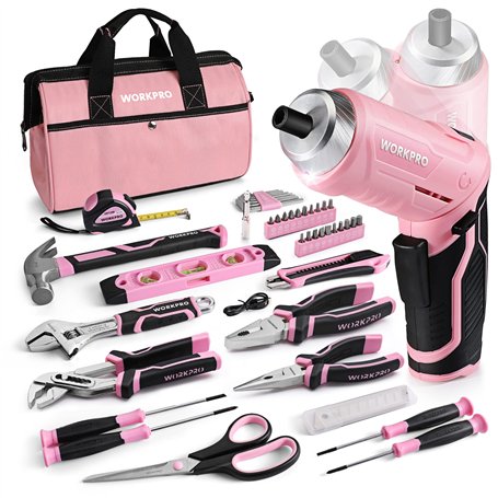 WORKPRO Boîte à Outils Pink Rose 53 Pièces avec Tournevis sans Fil 3