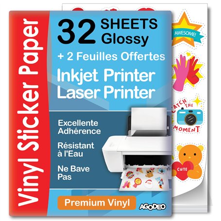 Papier autocollant en vinyle imprimable de qualité supérieure - 32 feuilles - A4 brillant - Imperméable - Papier autocollant en