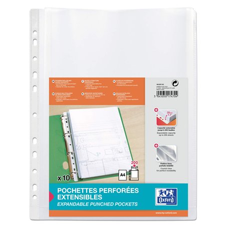 OXFORD Sachet de 10 Pochettes Perforées Maxi Capacité A4 Polypro Lisse Epaisseur 20/100ème Incolore