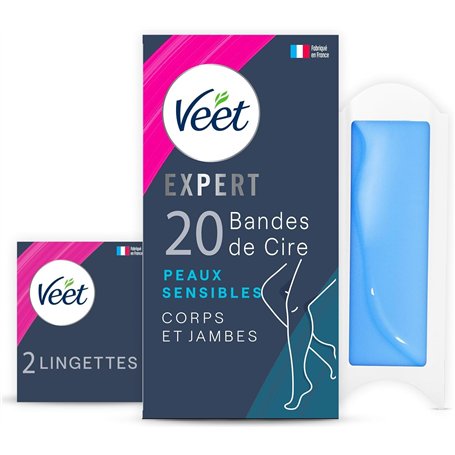 Veet EXPERT - 20 Bandes de Cire Froide Corps & Jambes - Peaux Sensibles - Finition Parfaite - Epilation Longue Durée