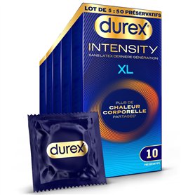 Durex Intensity - 50 préservatifs Homme XL Sans Latex Ultra Fins Ultra Lubrifiés - Plus de Chaleur Corporelle Partagée* - Taille