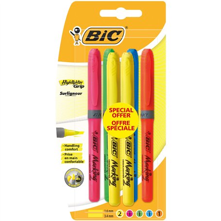 BIC Highlighter Grip Surligneurs Pointe Biseautée - Couleurs Fluo Assorties