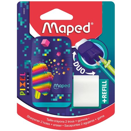 Maped - Taille-Crayons Gomme Duo Pixel Party - 2 en 1 - Taille-Crayons 2 Trous + Gomme