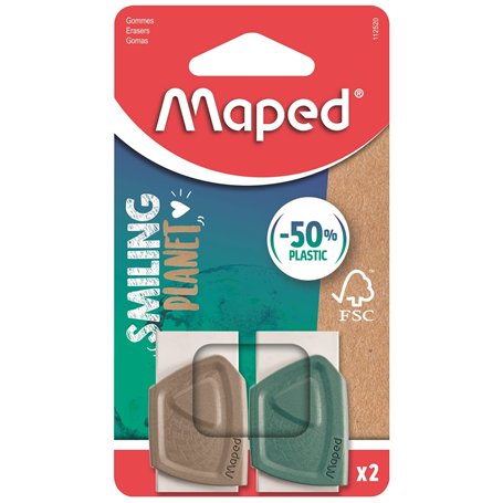 Maped - Lot de 2 gommes Précision Smiling Planet - Gomme Blanche avec Fourreau composé à 50% de Fibres de Bois certifiées FSC -