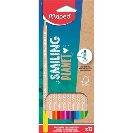 Maped - Crayons de Couleur Smiling Planet en Bois Naturel - 12 Crayons de dessin pour Enfants - Crayon Coloriage Triangulaire Er