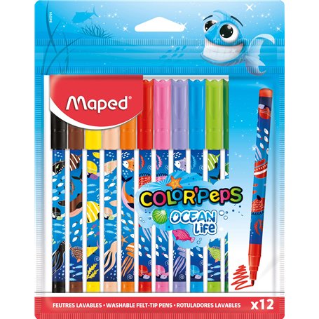 Maped - Feutres Ocean Life - Lot de 12 - Pointe moyenne de 2 mm - Parfait pour le dessin et la peinture - Pointe résistante (non