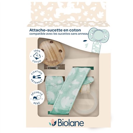 BIOLANE - Attache tétine bébé - Pour tétine sans anneau - Tissu 100% coton - Vert Menthe - Fixation Silicone - Clip en bois et m
