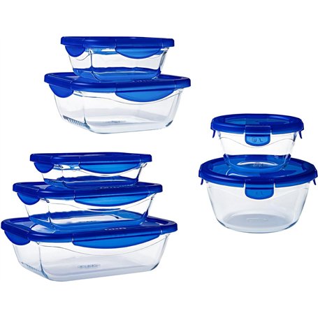 Pyrex Cook & Go - Lot de 7 Boîtes avec Couvercles Hermétiques - Tailles et Formes Différentes - Verre Borosilicate - Compatible