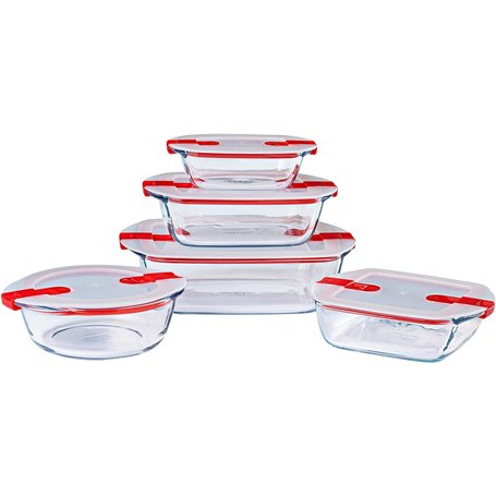 Pyrex Cook & Heat - Lot de 5 Boites - Tailles et Formes Différentes - Verre Borosilicate - Couvercle Hérmétique spécial Micro-On