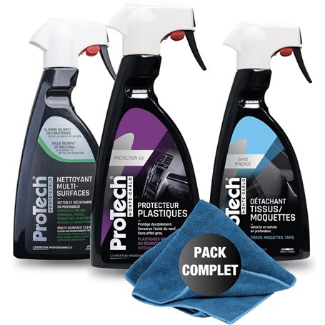 ProTechMC | Kit Nettoyage Voiture Interieur | Nettoyant Multi-Surfaces | Protecteur Plastiques | Détachant Tissus et Moquettes |