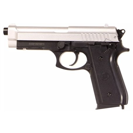 CyberGun Pistolet Airsoft- PT92 Bicolore modèle à Ressort(Spring)-Couleur:Noir/Argent-Culasse métal-Puissance 0.5 Joule 220 mm