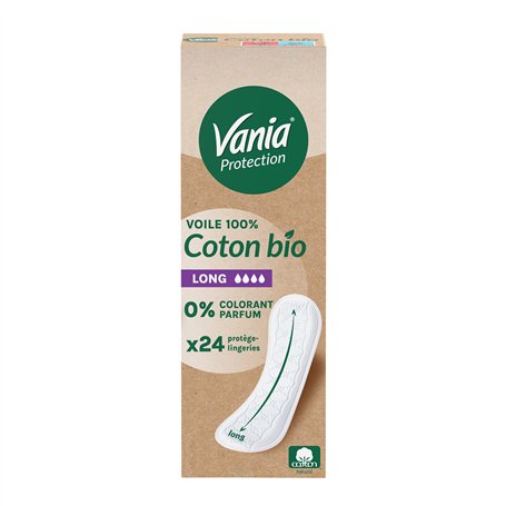 Vania | Protège-slips Protection Voile 100 % Coton Bio Long (boîte de 24 pièces) – Protège-lingeries sans parfum et sans coloran