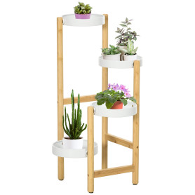 Outsunny Support pour plantes piédestal étagère à fleurs avec 4 niveaux étagères rondes en bambou et métal pour extérieur intéri