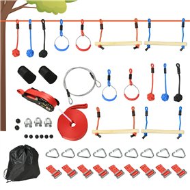 Outsunny Parcours d'obstacles Ninja pour Enfants 30 Accessoires 10 m de Slackline et Sac de Transport Bleu Noir Rouge