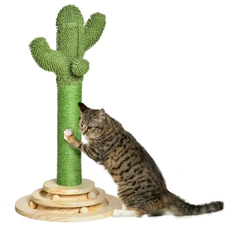 PawHut Arbre à Chat griffoir Forme de Cactus en sisal Naturel avec Pompon Suspendu et Plateforme de Jeu Boules - Ø 32 x 60 cm -