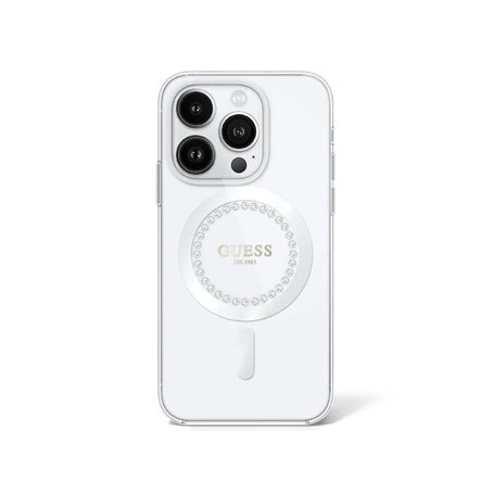 CG MOBILE Guess Magsafe IML Coque Rigide avec Strass pour iPhone 16 Pro Blanc