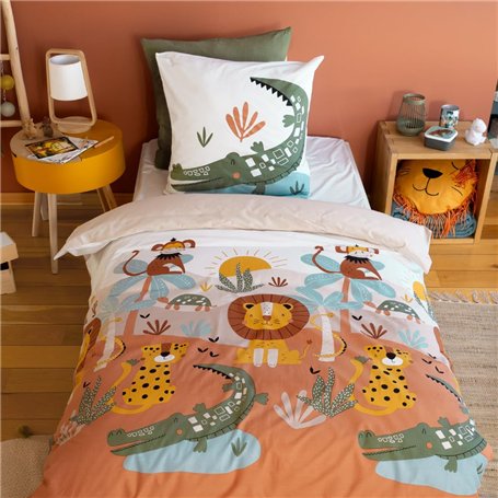 CÔTE DECO Parure de lit 140x200 cm Enfant - Housse de Couette 140x200 cm + 1 Taie d'oreiller 63x63 cm Motif imprimé Savane Vert