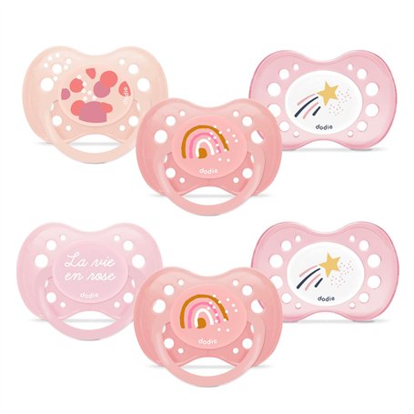 DODIE Lot de 6 Sucettes Anatomiques ESSENTIEL JOUR/NUIT +18 mois ROSE