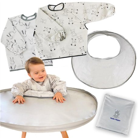 Hello Hippo® Kit 2 bavoirs et plateau de diversification imperméables gris à motif pour chaise haute bébé - Bavoirs + plateau d’
