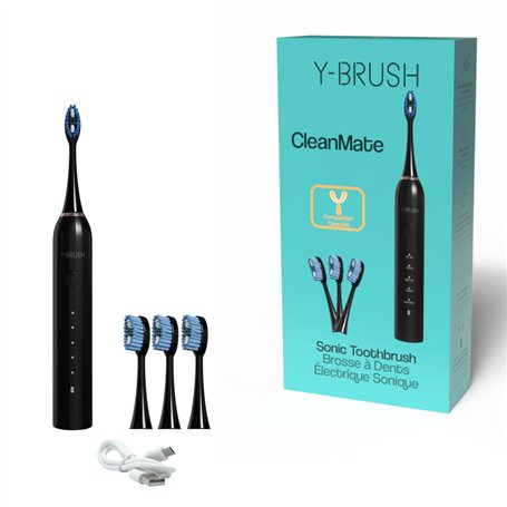 Y-Brush CleanMate - Brosse à Dents Électrique Sonique - Rechargeable USB-C - 2 Mois d'Autonomie - 5 modes de brossage - 4 têtes