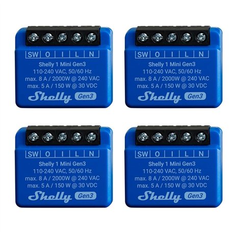 Shelly 1 Mini Gen 3 | Lot de 4 | Relais Smart Switch WiFi & Bluetooth 1 canal 8 A | Domotique | Compatible avec Alexa et Google